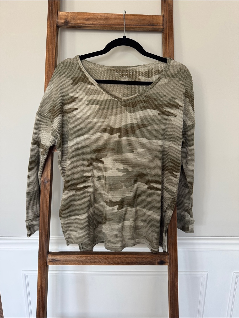 American Eagle Outfitters Olive Camo Waffle V-Neck Long Sleeve Top